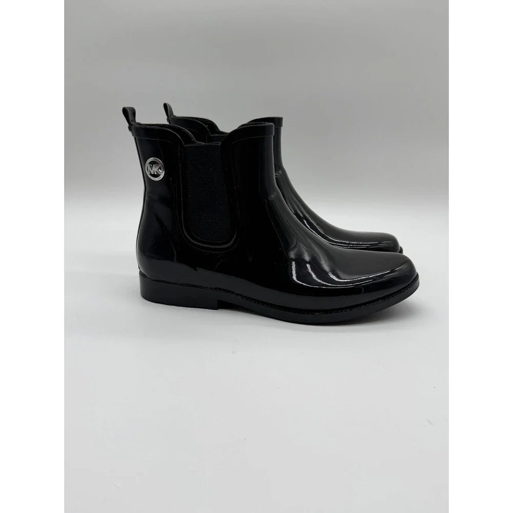 Michael Kors Ridley Black Shiny Rubber Chelsea Rain Boots‎ Womens 9 MK Logo